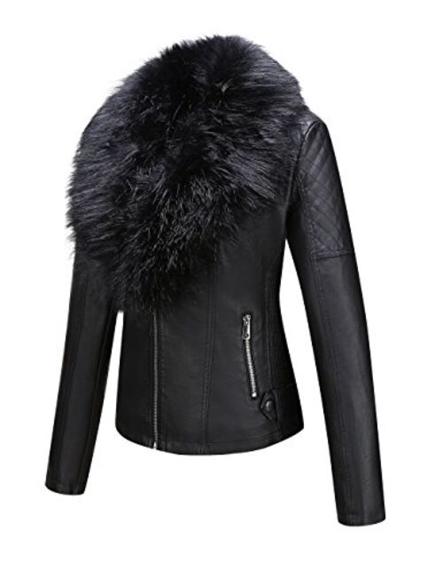 Bellivera Women's Faux Leather Short Jacket, Moto Jacket with Detachable Faux Fur Collar