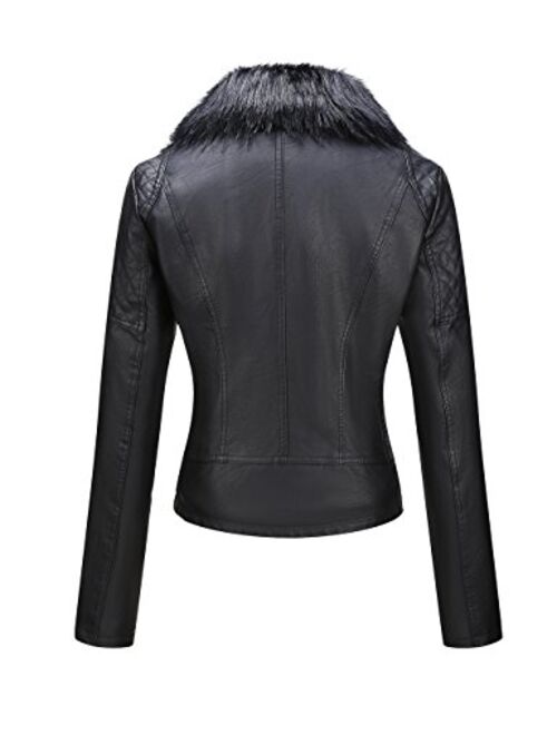 Bellivera Women's Faux Leather Short Jacket, Moto Jacket with Detachable Faux Fur Collar