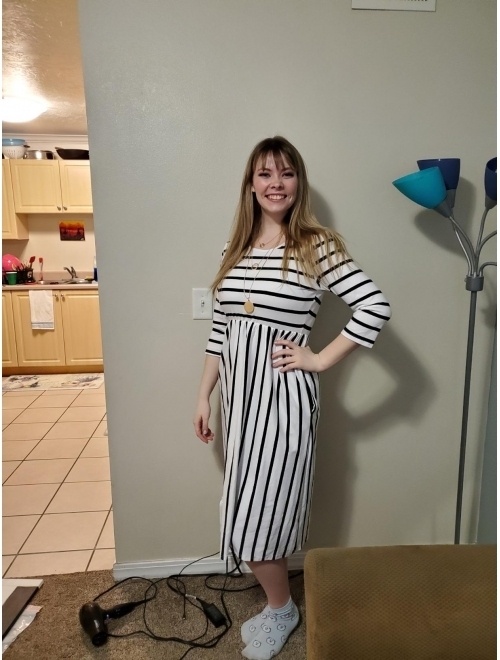 Halife Women's 3 4 Sleeve Stripe Elastic Waist Casual Dress with Pocket