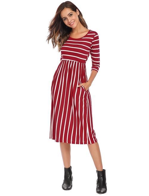 Halife Women's 3 4 Sleeve Stripe Elastic Waist Casual Dress with Pocket