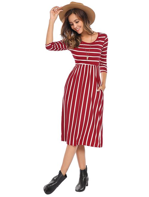 Halife Women's 3 4 Sleeve Stripe Elastic Waist Casual Dress with Pocket