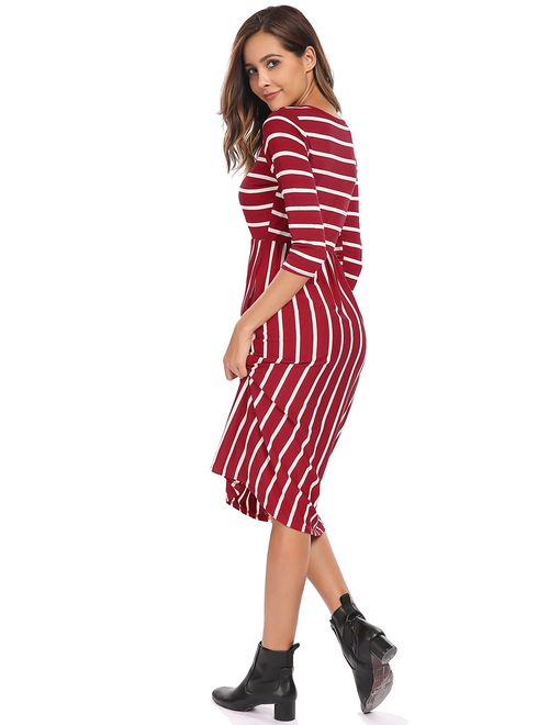 Halife Women's 3 4 Sleeve Stripe Elastic Waist Casual Dress with Pocket