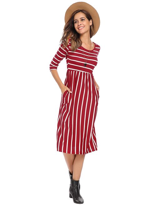 Halife Women's 3 4 Sleeve Stripe Elastic Waist Casual Dress with Pocket
