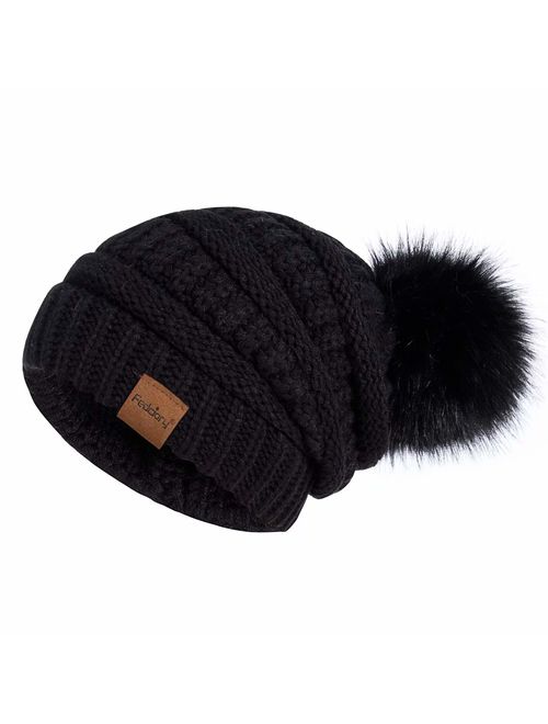 Womens Winter Slouchy Beanie Hat, Knit Warm Fleece Lined Thick Thermal Soft Ski Cap with Pom Pom