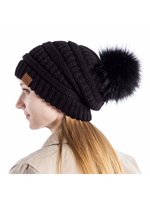 Womens Winter Slouchy Beanie Hat, Knit Warm Fleece Lined Thick Thermal Soft Ski Cap with Pom Pom