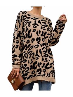 Women's Casual Leopard Print Long Sleeve Crew Neck Oversized Pullover Knit Sweaters Tops