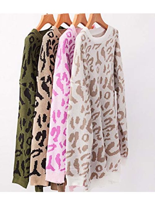 PRETTYGARDEN Women's Casual Leopard Print Long Sleeve Crew Neck Oversized Pullover Knit Sweaters Tops