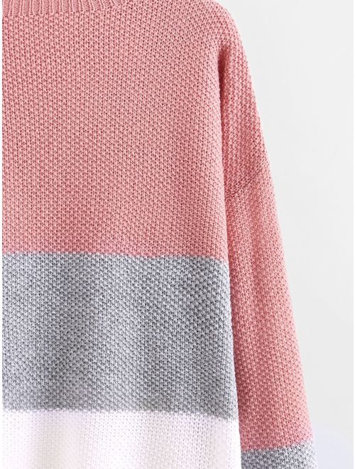Milumia Women's Drop Shoulder Knitted Color Block Textured Jumper Casual Sweater