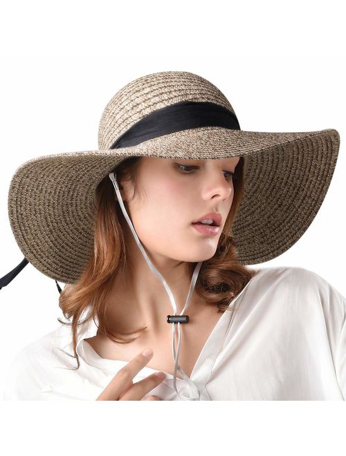 FURTALK Womens Beach Sun Straw Hat UV UPF50 Travel Foldable Brim Summer UV Hat