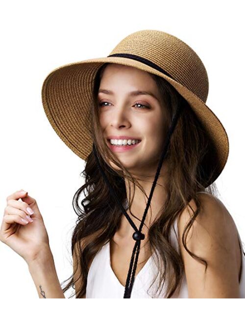 Furtalk Womens Wide Brim Sun Hat with Wind Lanyard UPF Beach Summer Sun Straw Hats for Women