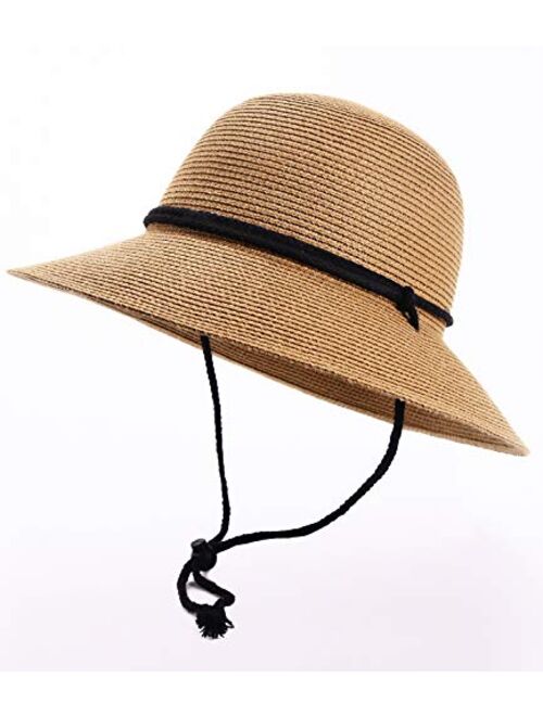 Furtalk Womens Wide Brim Sun Hat with Wind Lanyard UPF Beach Summer Sun Straw Hats for Women