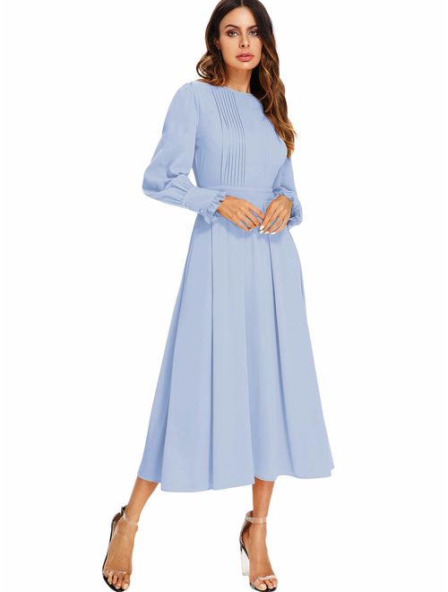 Milumia Women's Elegant Frilled Long Sleeve Pleated Fit & Flare Dress