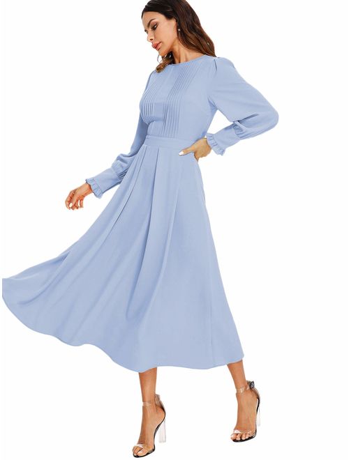 Milumia Women's Elegant Frilled Long Sleeve Pleated Fit & Flare Dress