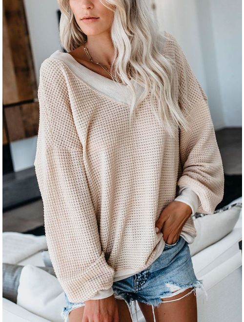 ADREAMLY Women's V Neck Long Sleeve Waffle Knit Top Off Shoulder Oversized Pullover Sweater
