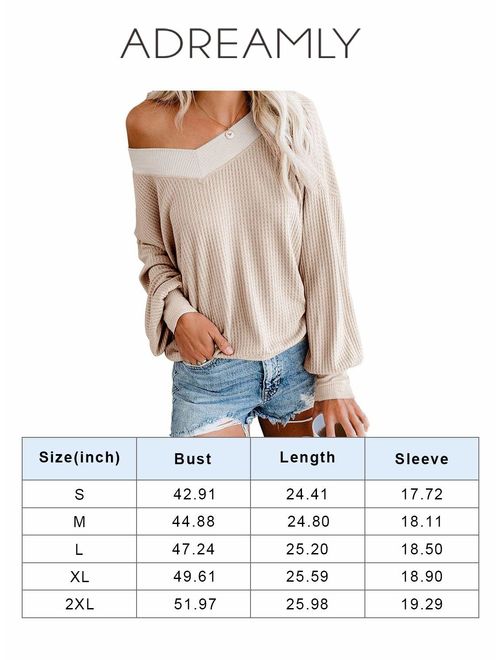 ADREAMLY Women's V Neck Long Sleeve Waffle Knit Top Off Shoulder Oversized Pullover Sweater