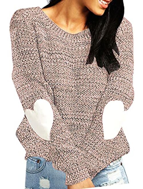 shermie Women's Cute Heart Pattern Patchwork Casual Long Sleeve Round Neck Knits Sweater Pullover