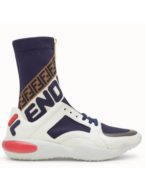 Fendi Men's Fila Navy Tech Fabric High Top Zip Sneakers Size 8