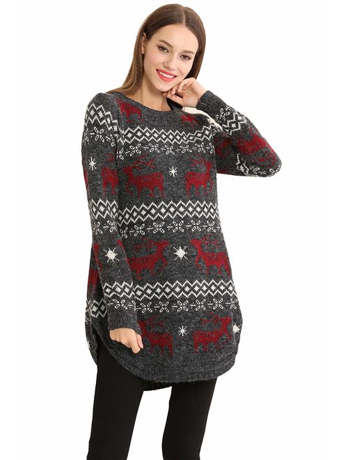 Shineflow Women's Reindeer Snowflake Midi Christmas Pullover Sweater Jumper