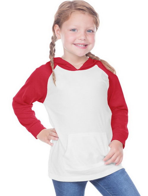 Kavio TJP0677 Toddler Jersey Contrast Raglan Long Sleeve Hooded Top w. Pouch-White / Red-2T