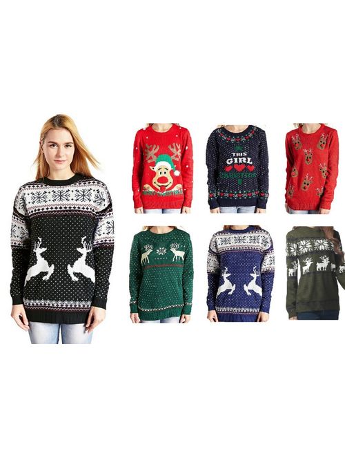 v28 Women's Christmas Reindeer Snowflakes Sweater Pullover