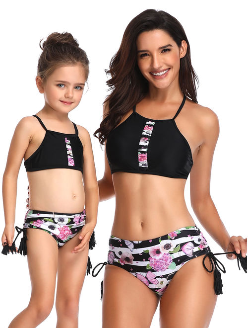 Family Matching Swimwear Swimsuit Mother Daughter Women Kids Girl Tankini Bikini Set Beachwear Black Pink Floral Print Bathing Suit Swimming Costume