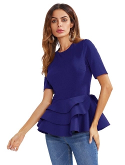 Women's Vintage Layered Ruffle Hem Slim Fit Round Neck Peplum Blouse