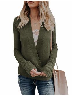 softome Womens Knitted Deep V-Neck Long Sleeve Wrap Front Loose Sweater Pullover Jumper Tops