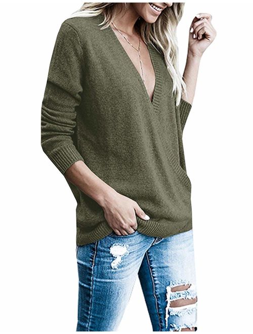softome Womens Knitted Deep V-Neck Long Sleeve Wrap Front Loose Sweater Pullover Jumper Tops