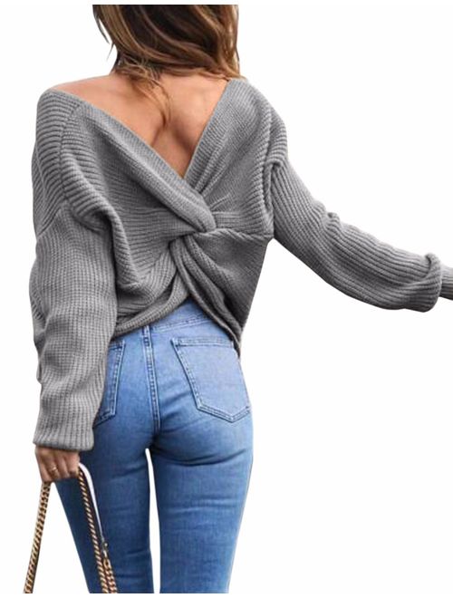 Sexyshine Women's Casual V Neck Criss Cross Backless Long Batwing Sleeve Loose Knitted Sweater Pullovers