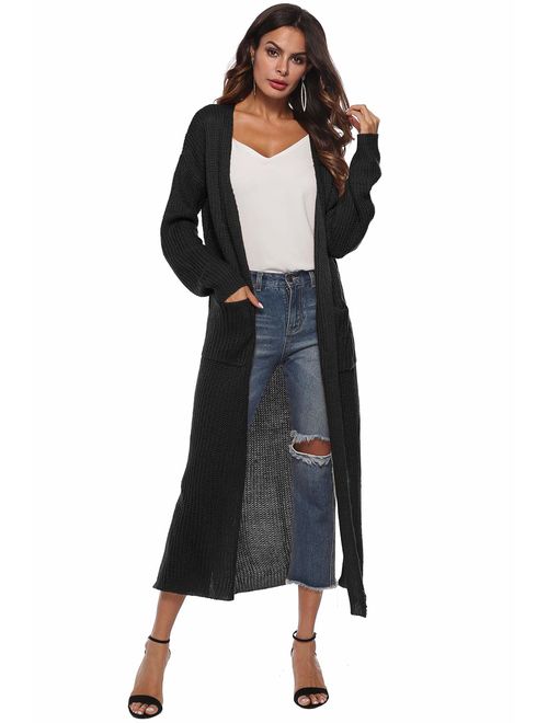 Womens Casual Long Sleeve Split Open Cardigan Knit Long Cardigan Sweaters with Pockets