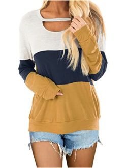 Topstype Women's Color Block Chest Cutout Tunics Long Sleeve Shirts Scoop Neck Blouse Casual Loose Tops