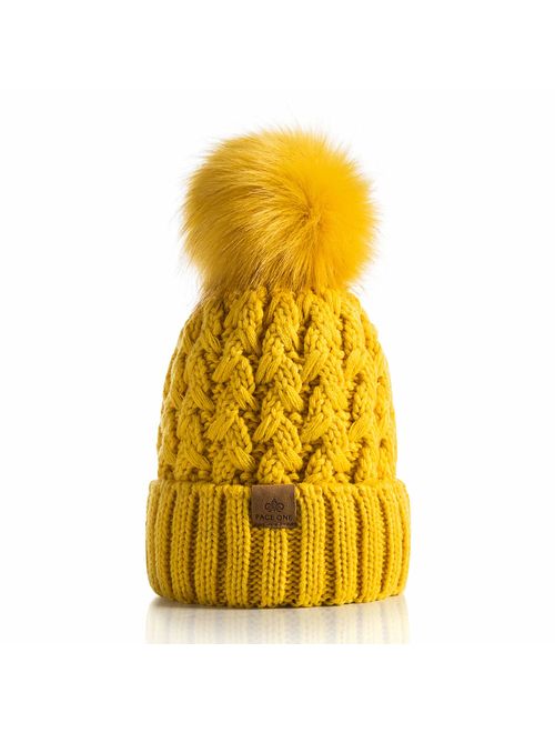 PAGE ONE Womens Winter Ribbed Beanie Crossed Cap Chunky Cable Knit Pompom Soft Warm Hat 