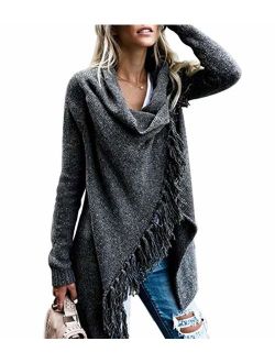 CEASIKERY Women's Tassel Hem Sweater Long Cardigan Knitwer Pullover Poncho Coat
