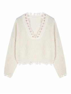 Women's Sweater Long Sleeve Eyelet Cable Lace Up Crop Top