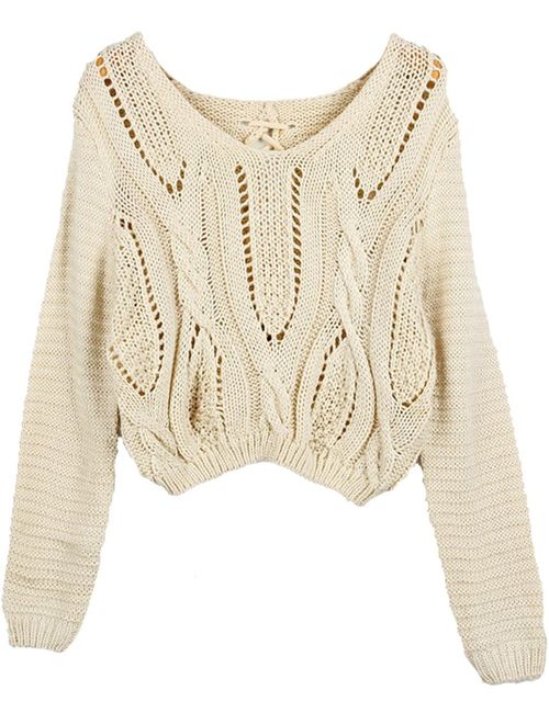 PrettyGuide Women's Sweater Long Sleeve Eyelet Cable Lace Up Crop Top