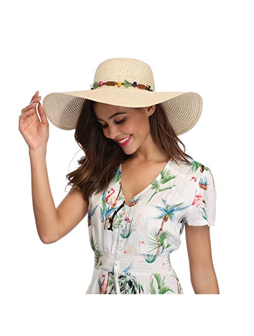 Lanzom Womens Wide Brim Straw Hat Floppy Foldable Roll up Cap Beach Sun Hat UPF 50+