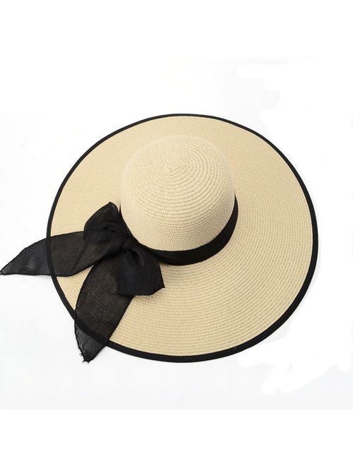 Lanzom Womens Big Bowknot Straw Hat Foldable Roll up Sun Hat Beach Cap UPF 50+