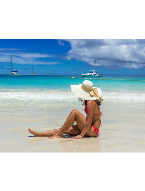 Lanzom Womens Big Bowknot Straw Hat Foldable Roll up Sun Hat Beach Cap UPF 50+