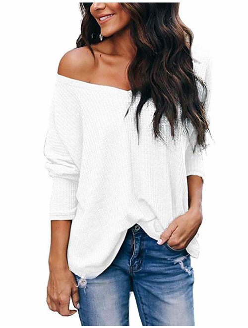 LuckyMore Women's Casual V-Neck Off Shoulder Batwing Sleeve Pullover Waffle Knit Blouse Loose Top Shirt