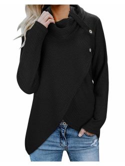 KILIG Womens Long Sleeve Button Cowl Neck Casual Knitted Wrap Pullover Lightweight Sweaters Shirt