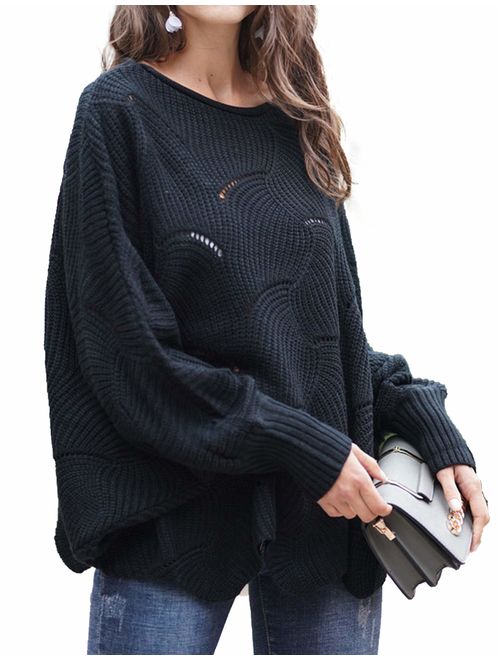 Relipop Women's Pullover Batwing Sleeve Loose Hollow Knit Sweaters