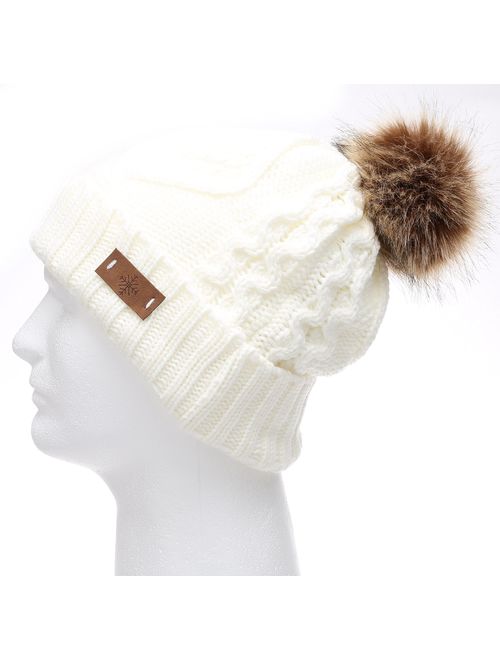 ANGELA & WILLIAM Women's Winter Fleece Lined Cable Knitted Pom Pom Beanie Hat with Hair Tie.