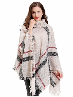 HITOP Womens Dress Ponchos, Boho Loose Tassel Plaid Poncho Turtleneck Jumper Knit Oversized Pullover Sweater Tops for Women