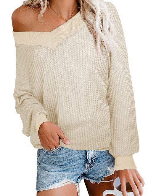 Albe Rita Women's Casual V-Neck Off Shoulder Batwing Sleeve Pullover Tops
