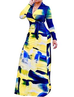 Locryz Women's V Neck 3/4 Sleeve Digital Floral Printed Party Loose Long Maxi Dress with Belt S-3XL