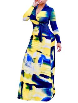 Farktop Women's V Neck Long Sleeves Digital Graffiti Printed Prom Party Maxi Long Dress with Belt