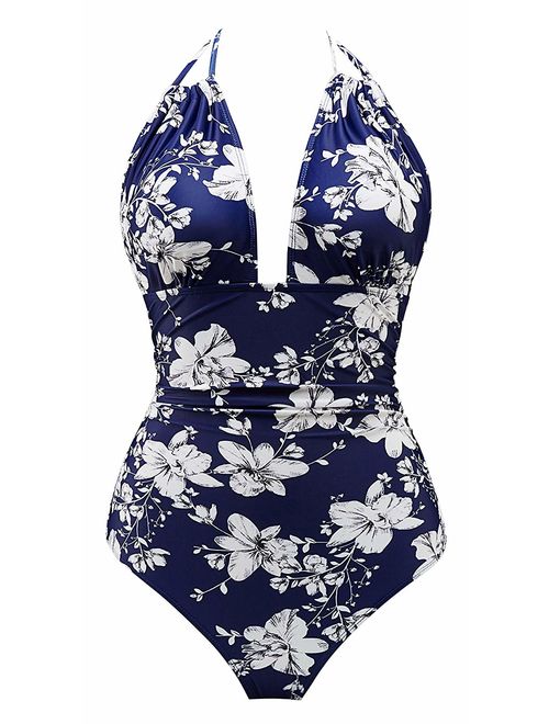 B2prity Women's One Piece Swimsuits Tummy Control Swimwear Slimming Monokini Bathing Suits for Women Backless V Neck Swimsuit
