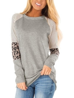 Floral Find Women's Long Sleeve Leopard Color Block Tunic Comfy Stripe Round Neck T Shirt Tops