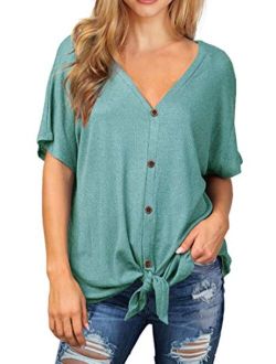 IWOLLENCE Womens Waffle Knit Tunic Blouse Tie Knot Short Sleeve Henley Tops Loose Fitting Bat Wing Shirts