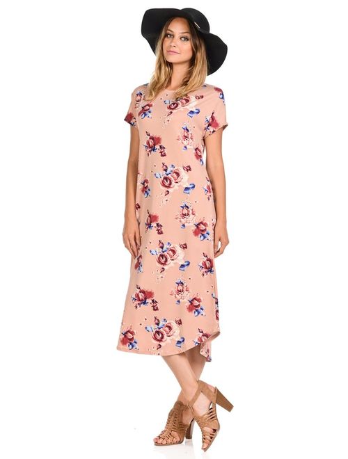 iconic luxe Women's A-Line Short Sleeve Midi Dress Solid and Floral Print
